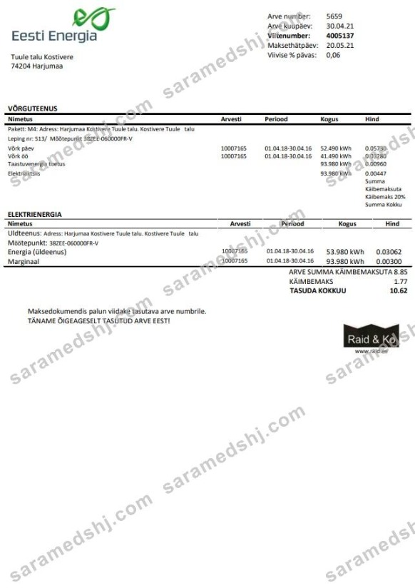 Estonia Eesti Energia electricity utility bill template in Word and PDF format